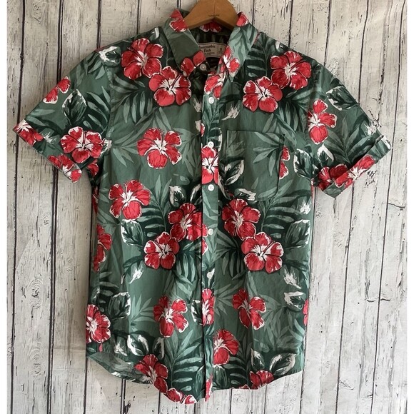 Abercrombie & Fitch Mens Floral Hawaiian Shirt Size S Aloha Coastal Green Red - Picture 2 of 10